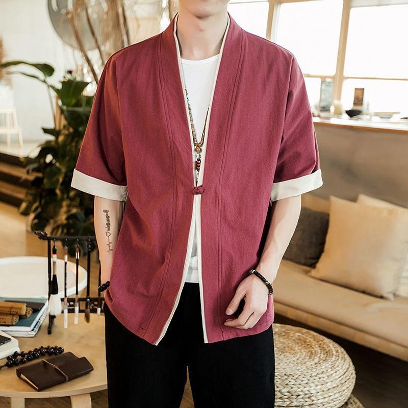 Elbow-Sleeve Open Front Linen Jacket Product Image