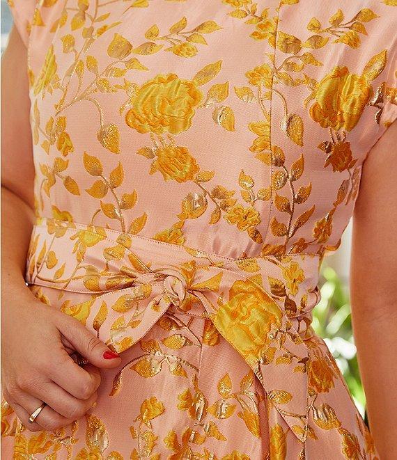 Abbey Glass Olivia Floral Jacquard Crew Neck Short Sleeve Self-Tie Belt Midi Dress Product Image