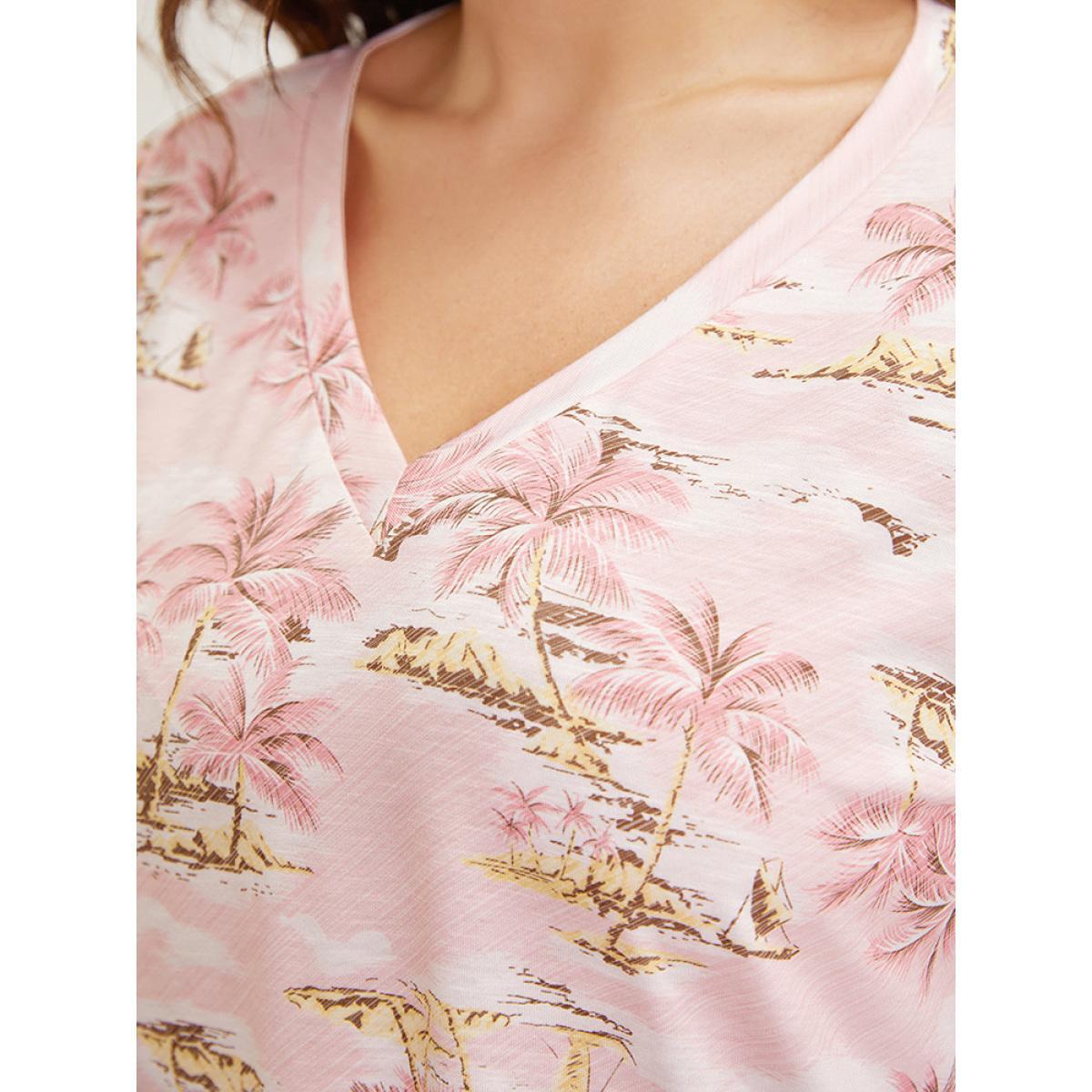 Plus Size Coconut Tree Print Gathered Twist Sleeve T-shirt Rouge Women Vacation Tropical V-neck Dailywear T-shirts BloomChic 10/M Product Image