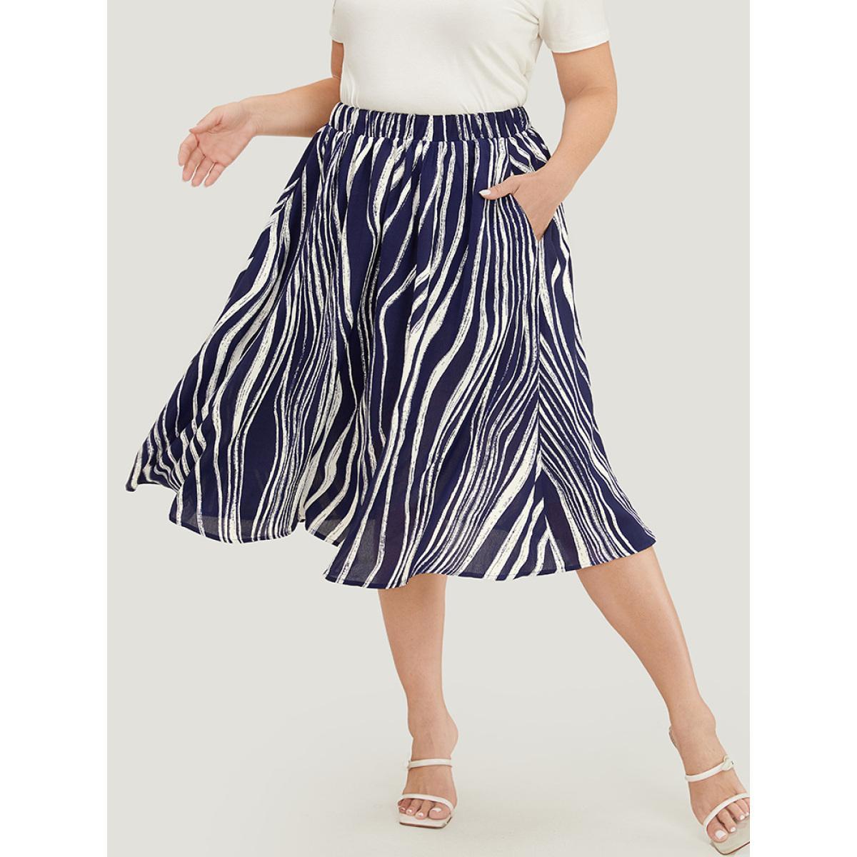 Plus Size Water Ripple Print Pocket Flutter Skirt Women Indigo Elegant A-line No stretch Pocket Dailywear Skirts BloomChic 14-16/1X Product Image