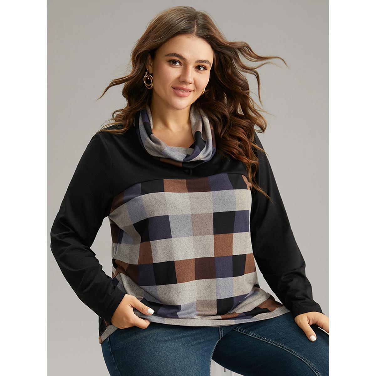 Plus Size Plaid Patchwork Contrast Cowl Neck T-shirt Black Women Casual Contrast Plaid Cowl Neck Dailywear T-shirts BloomChic 22-24/3X Product Image
