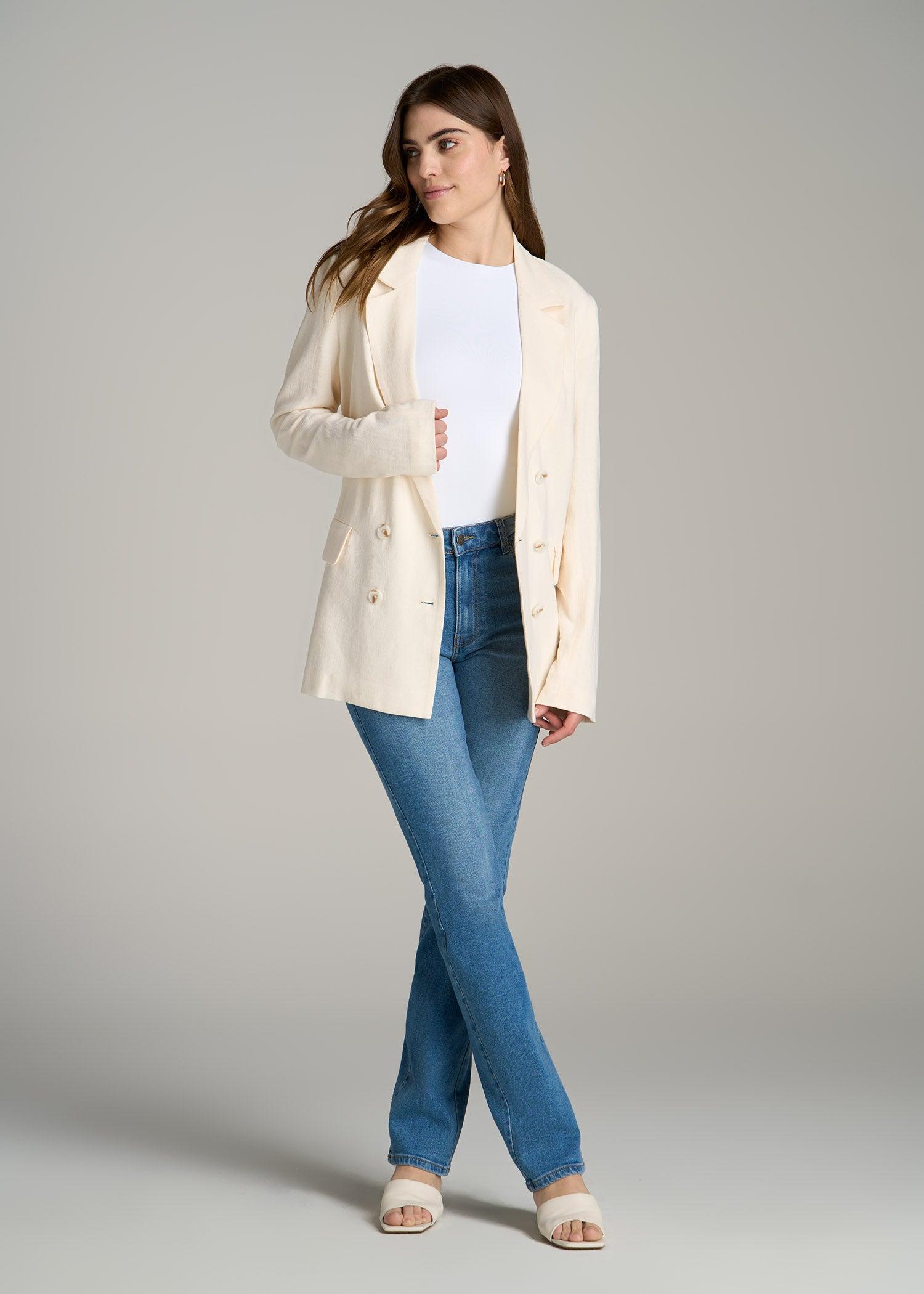 Linen Blend Tie Back Blazer For Tall Women in White Alyssum Product Image