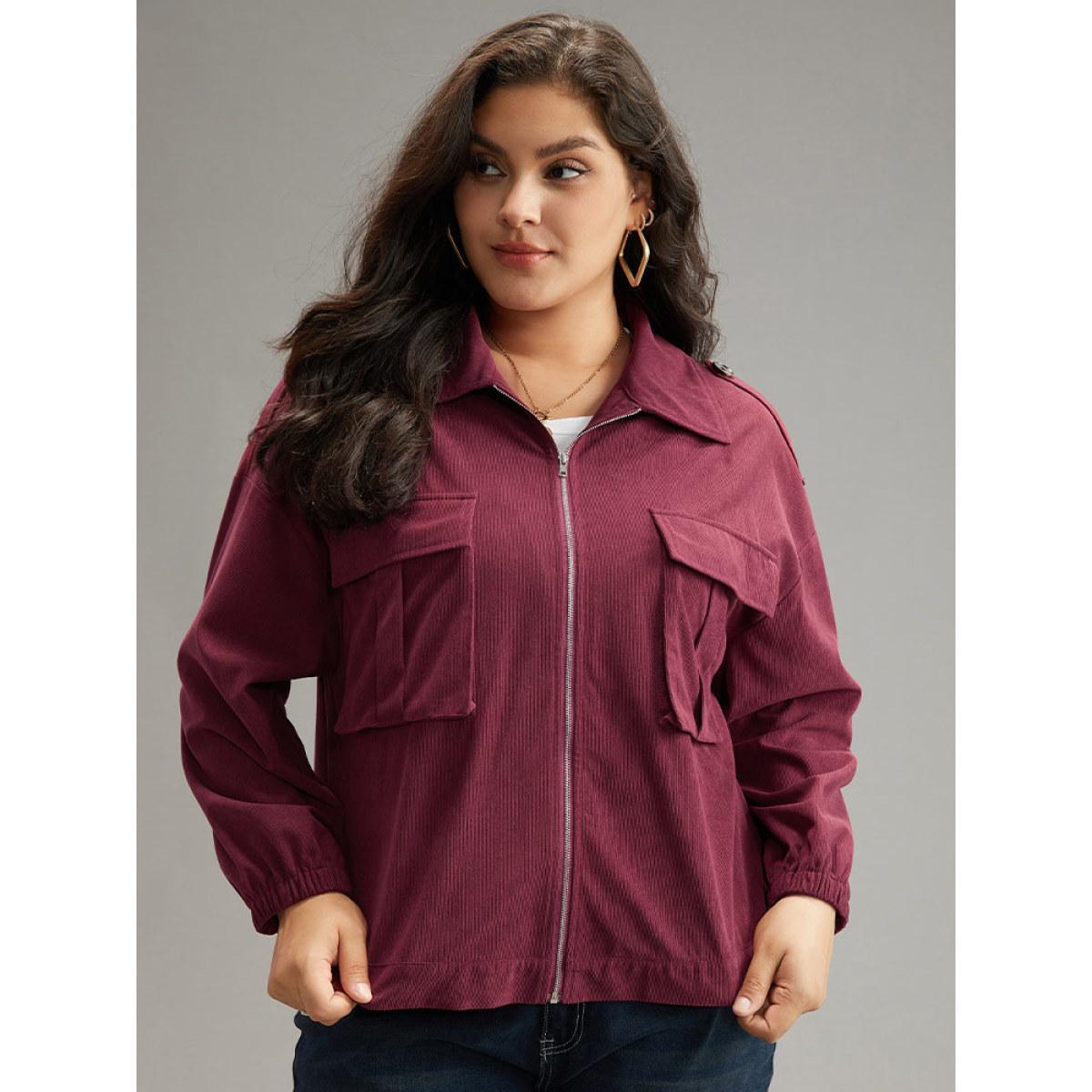 Plus Size Plain Pocket Zipper Elastic Cuffs Jacket Women Scarlet Elastic cuffs Pocket Dailywear Jackets BloomChic 26/4X Product Image