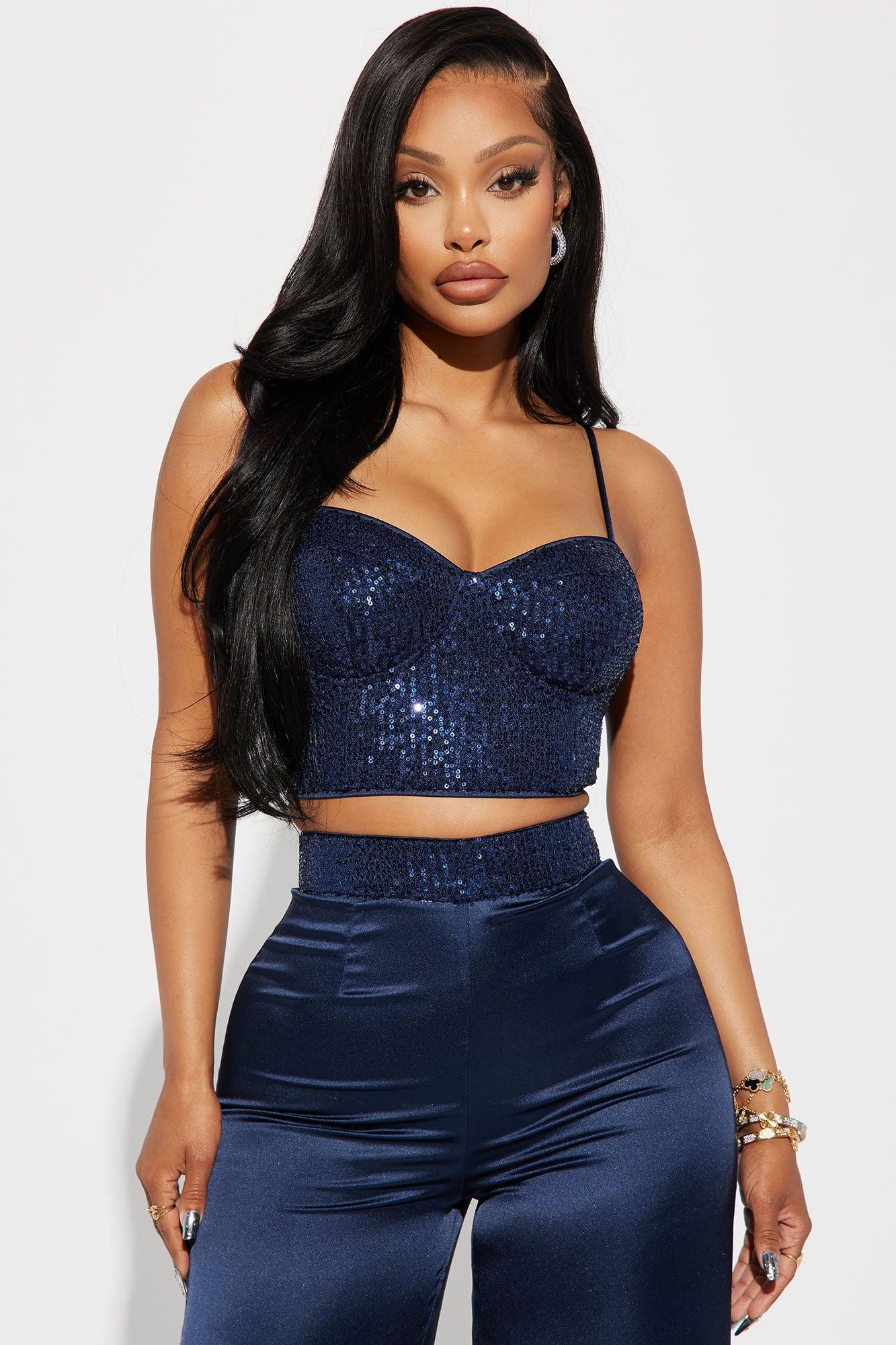 Full Of Sparkle Satin Pant Set - Navy Product Image