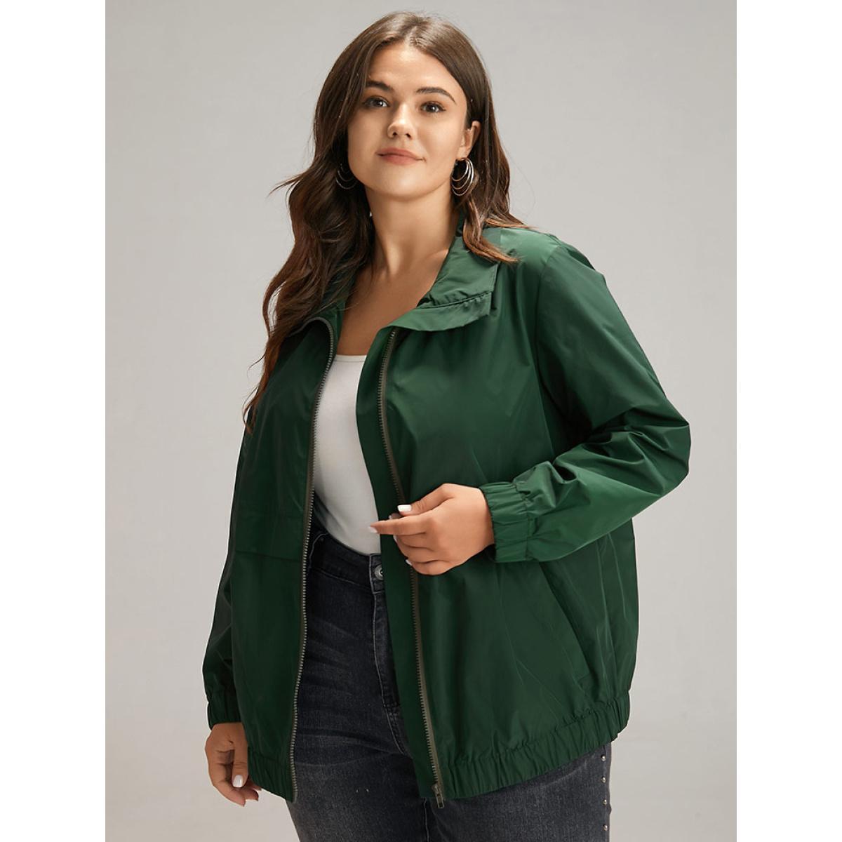 Plus Size Wind-Resistant Plain Zipper Fly Pocket Jacket Women DarkGreen Elastic cuffs Pocket Dailywear Jackets BloomChic 28/5X Product Image