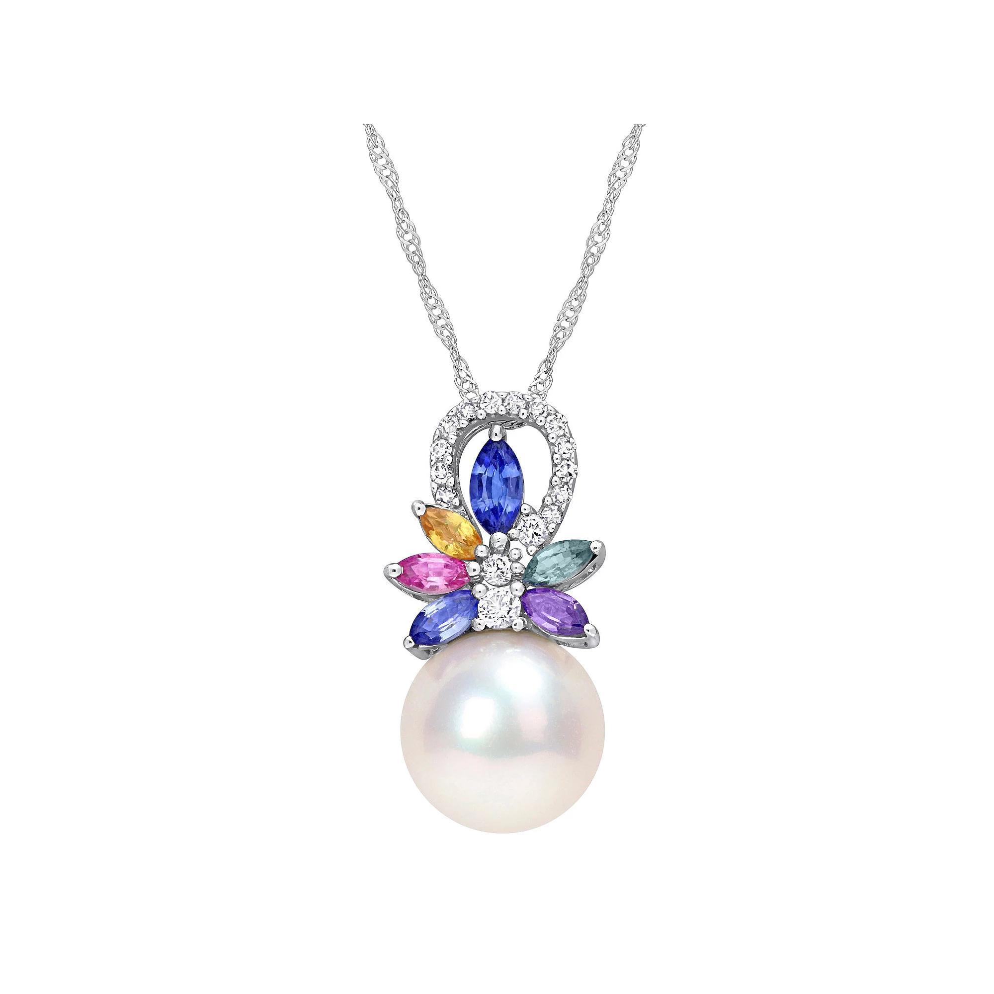 Stella Grace 14k White Gold Freshwater Cultured Pearl, Multicolor Sapphire & Diamond Accent Flower Necklace, Women's, Size: 17" Product Image