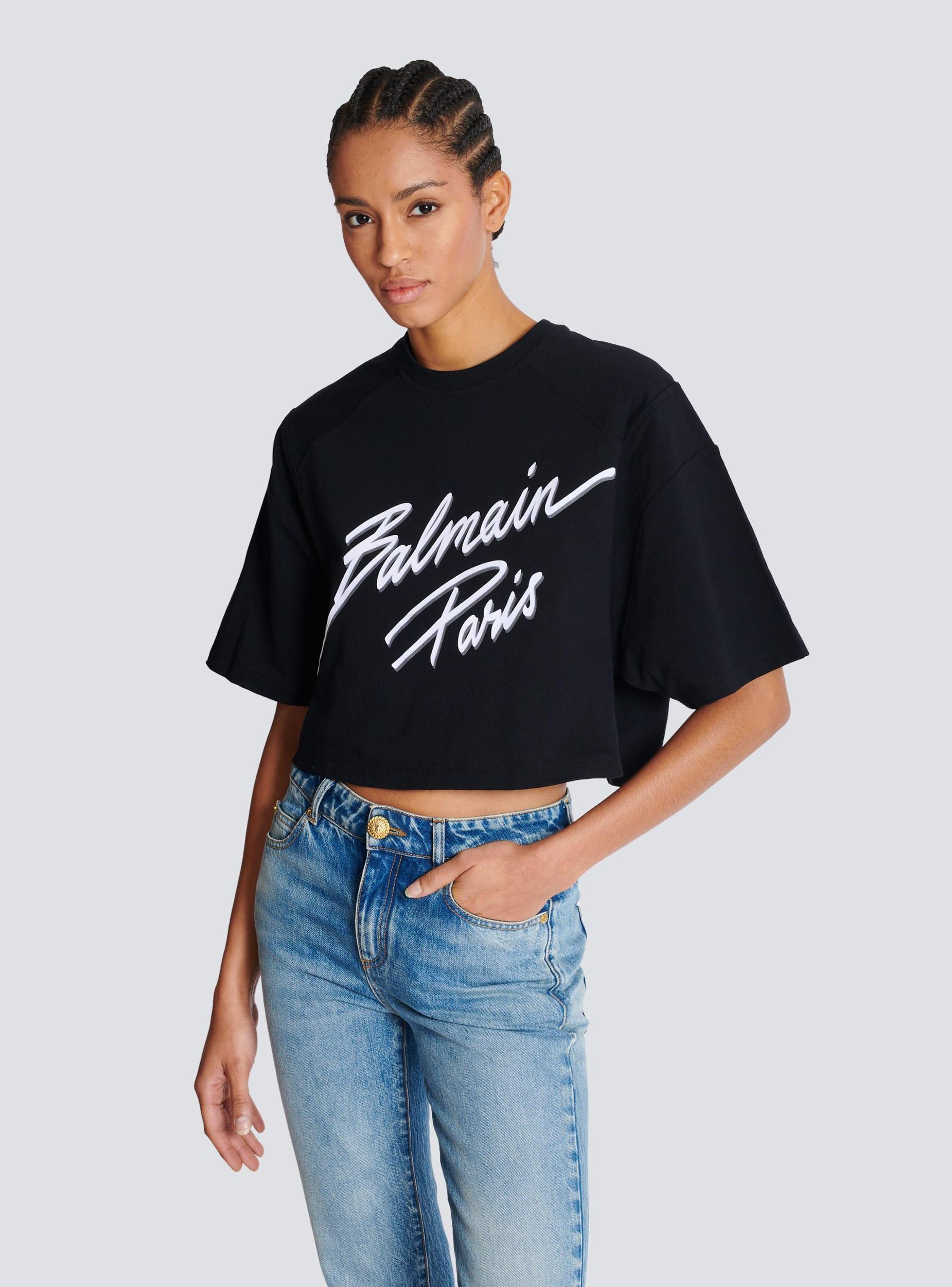 Cropped T-shirt with flocked Balmain Letter logo Product Image