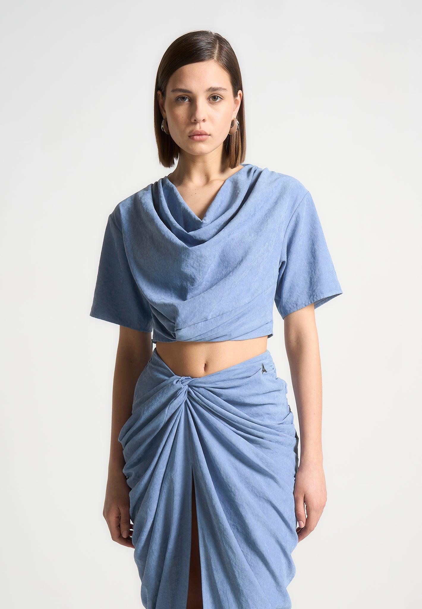 Cowl Neck Drape T-Shirt - Blue Female Product Image