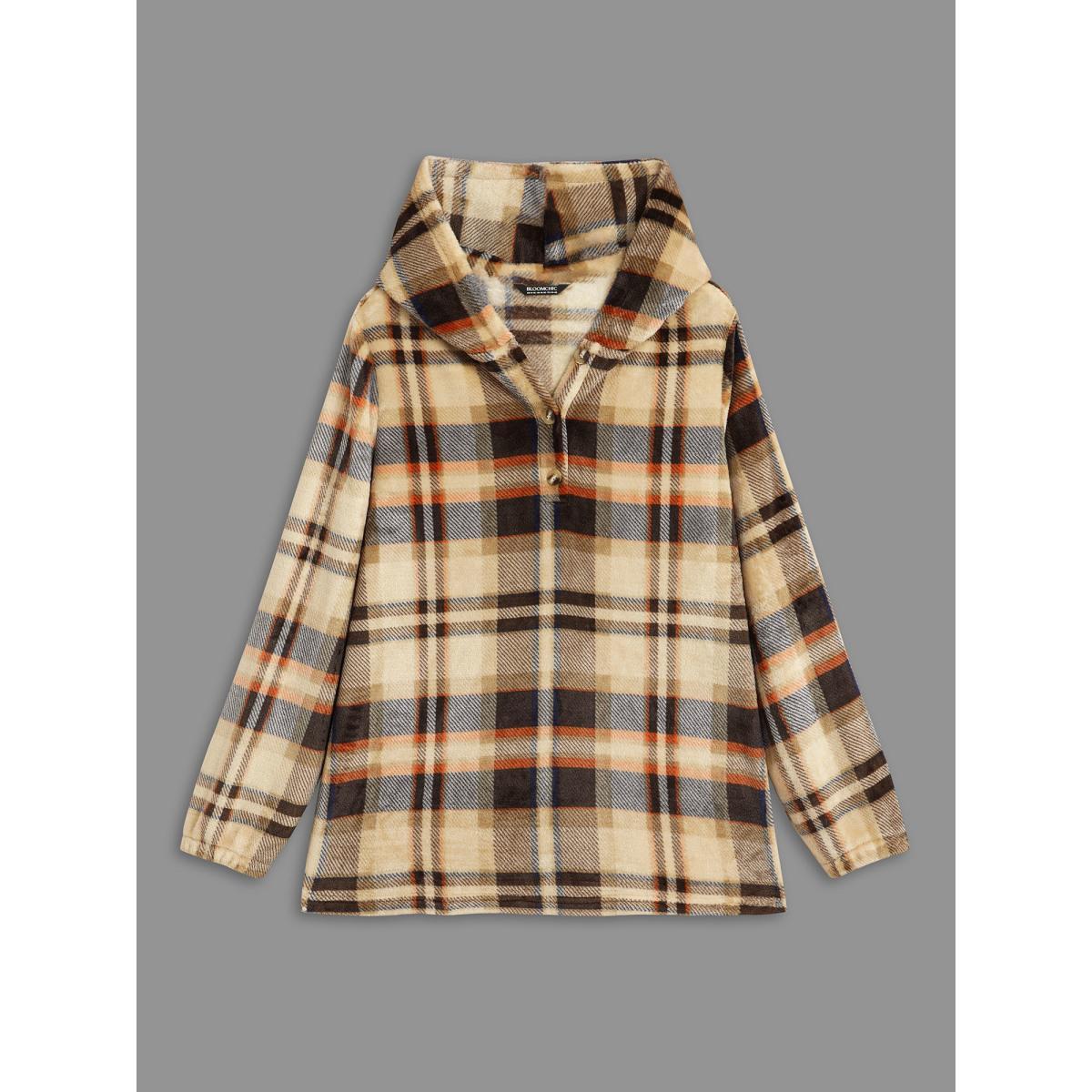 Plus Size Fuzzy Pullover Plaid Hoodie Women Multicolor Casual Button Loose Hooded Everyday Sweatshirts BloomChic 14-16/1X Product Image