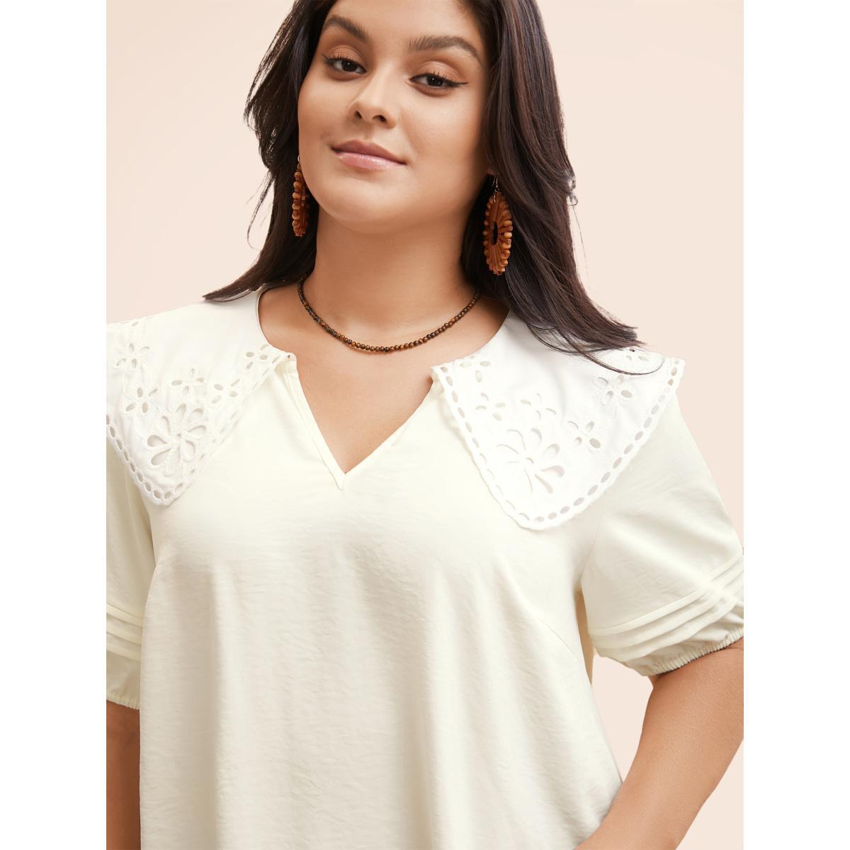 Plus Size Ivory Lace Collar Lantern Sleeve Pleated Blouse Women Resort Short sleeve Lace collar Vacation Blouses BloomChic 22-24/3X Product Image