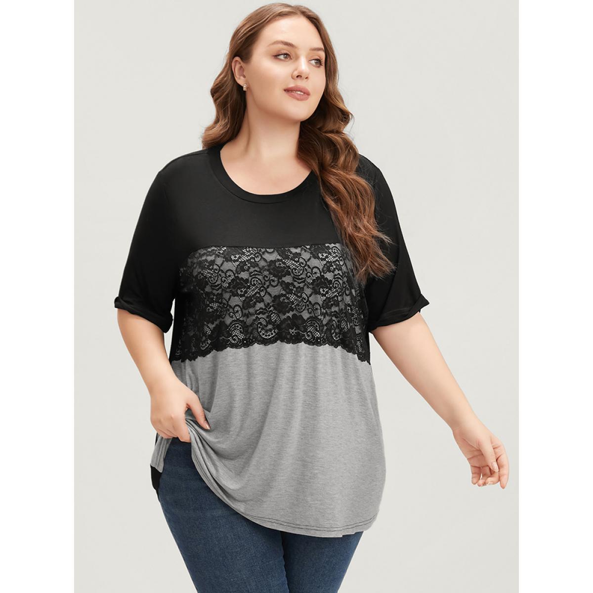 Plus Size Colorblock Contrast Round Neck Lace Insert T-shirt Black Women Elegant Contrast Colorblock Round Neck Dailywear T-shirts BloomChic 26/4X Product Image