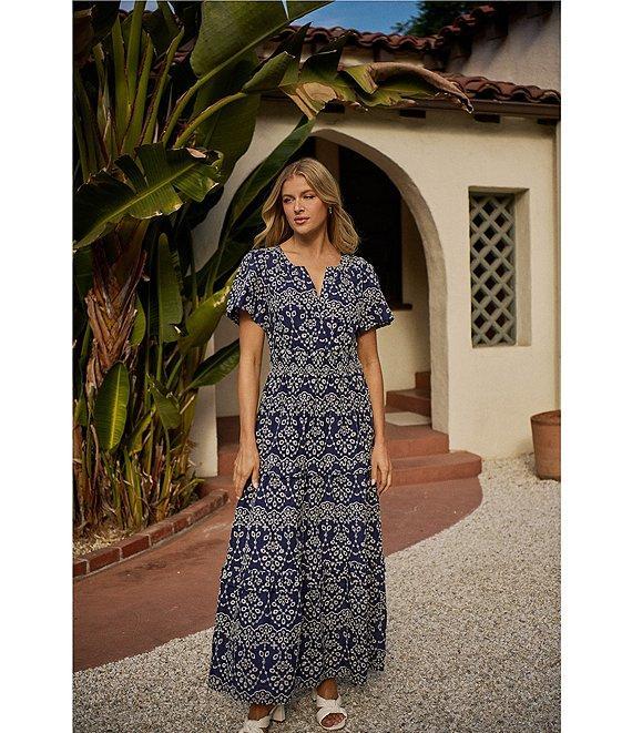 Sugarlips Viridiana Floral Eyelet Palmer V-Neck Short Sleeve Tiered Maxi Dress Product Image