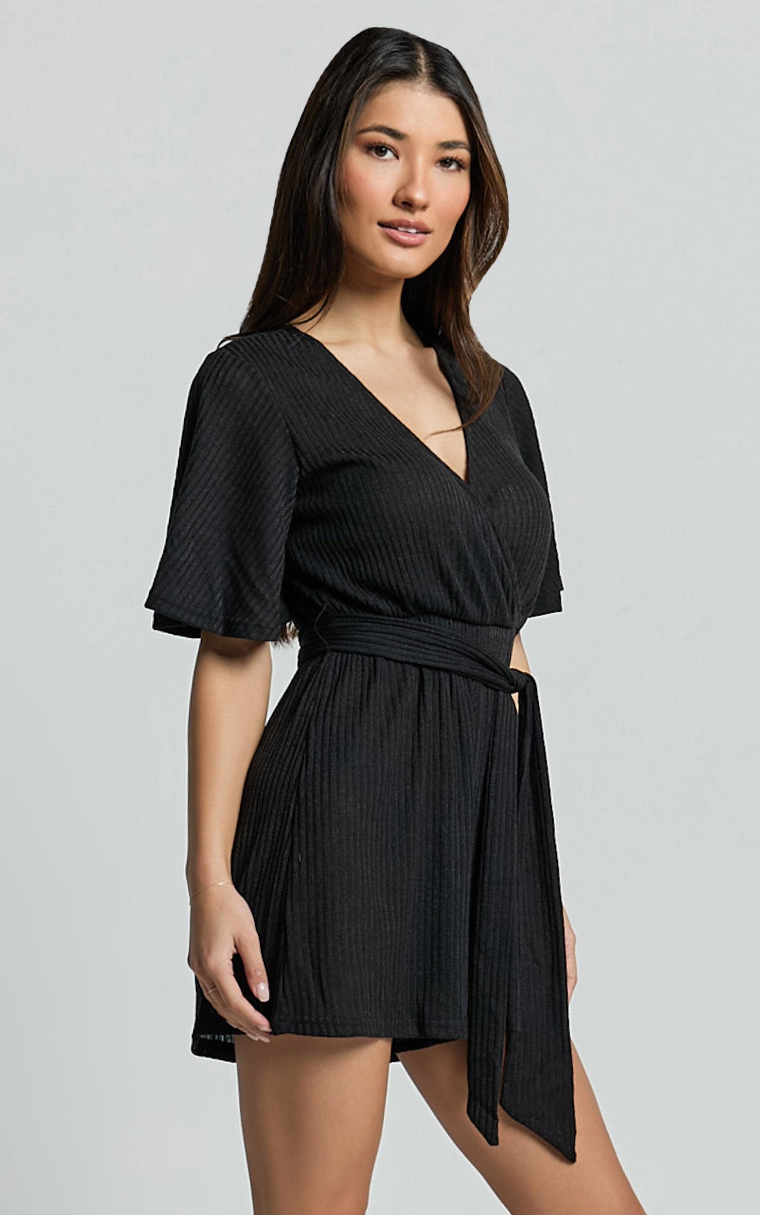 Cecilia Playsuit - Short Sleeve Belted Wrap Playsuit in Black Product Image