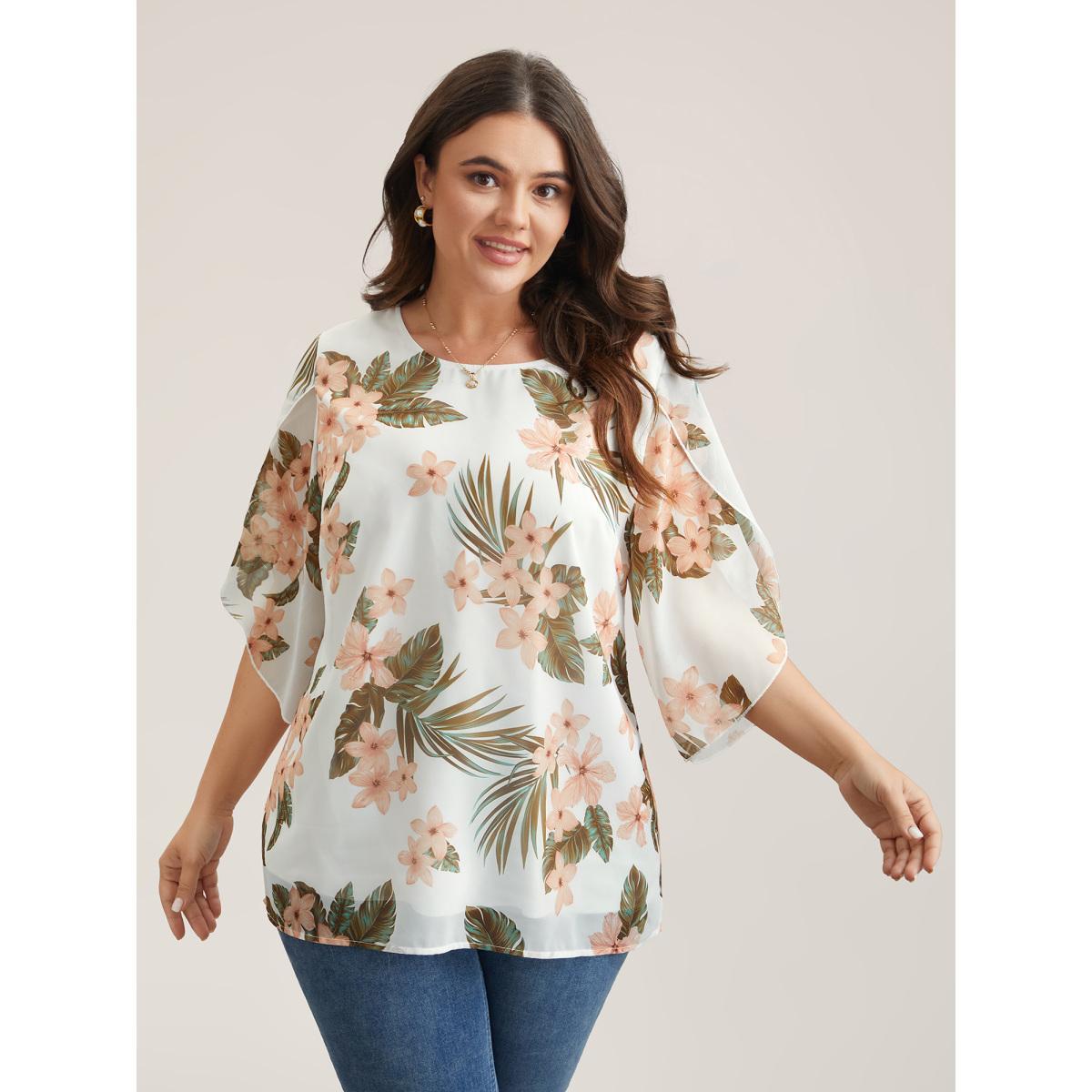 Plus Size WhiteSmoke Petal Sleeve Floral Round Neck Shirt Women Elegant Elbow-length sleeve Round Neck Everyday Blouses BloomChic 28/5X Product Image
