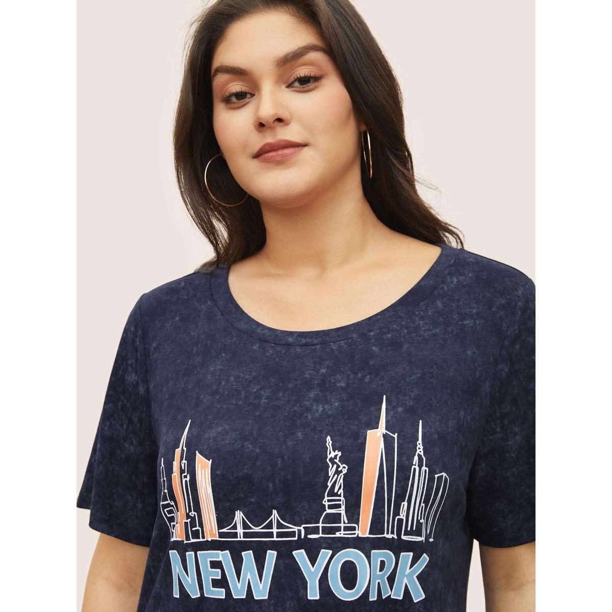 Plus Size Vintage City Print Crew Neck T-shirt Indigo Women Casual Non Area Everyday T-shirts BloomChic 14-16/1X Product Image