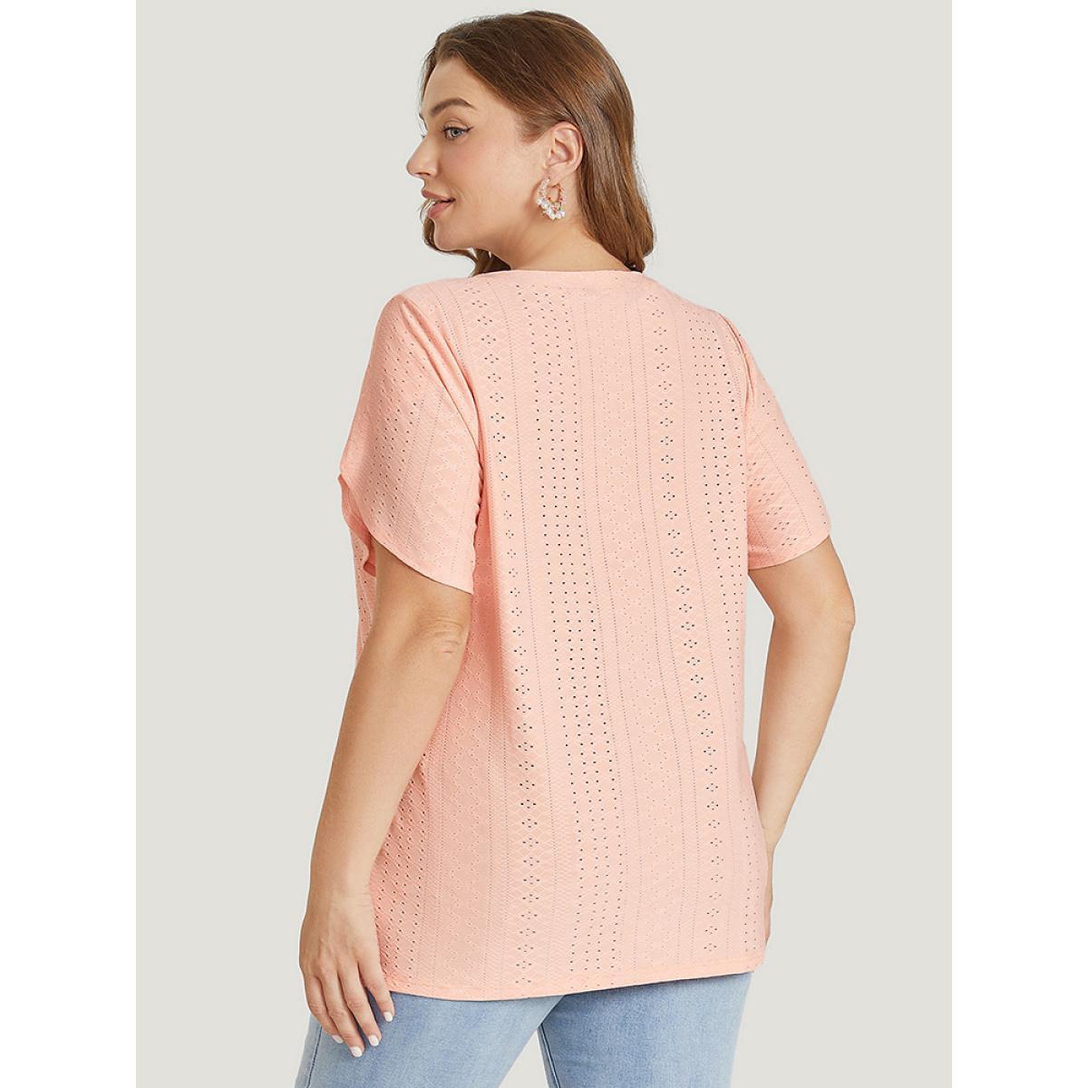 Plus Size Solid Broderie Anglaise Split Sleeve T-shirt MistyRose Women Elegant Slit Plain V-neck Dailywear T-shirts BloomChic 30/6X Product Image