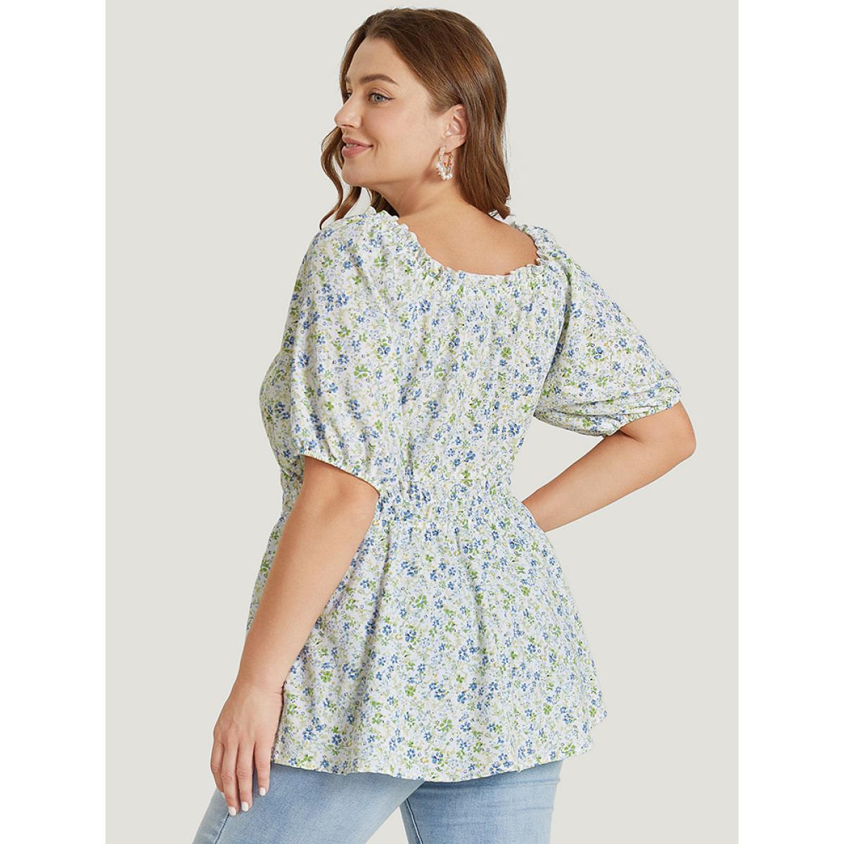 Plus Size Multicolor Ditsy Floral Puff Sleeve Frill Trim Elastic Waist Blouse Women Elegant Short sleeve Square Neck Dailywear Blouses BloomChic 18-20/2X Product Image