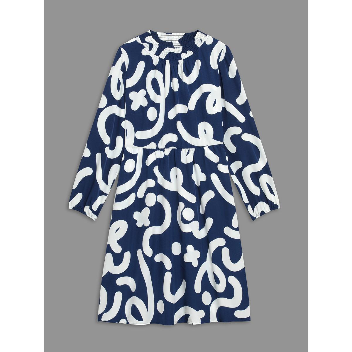 Plus Size Geometric Print Shirred Pocket Dress DarkBlue Women Elegant Shirred Mock Neck Long Sleeve Curvy BloomChic 12/L Product Image