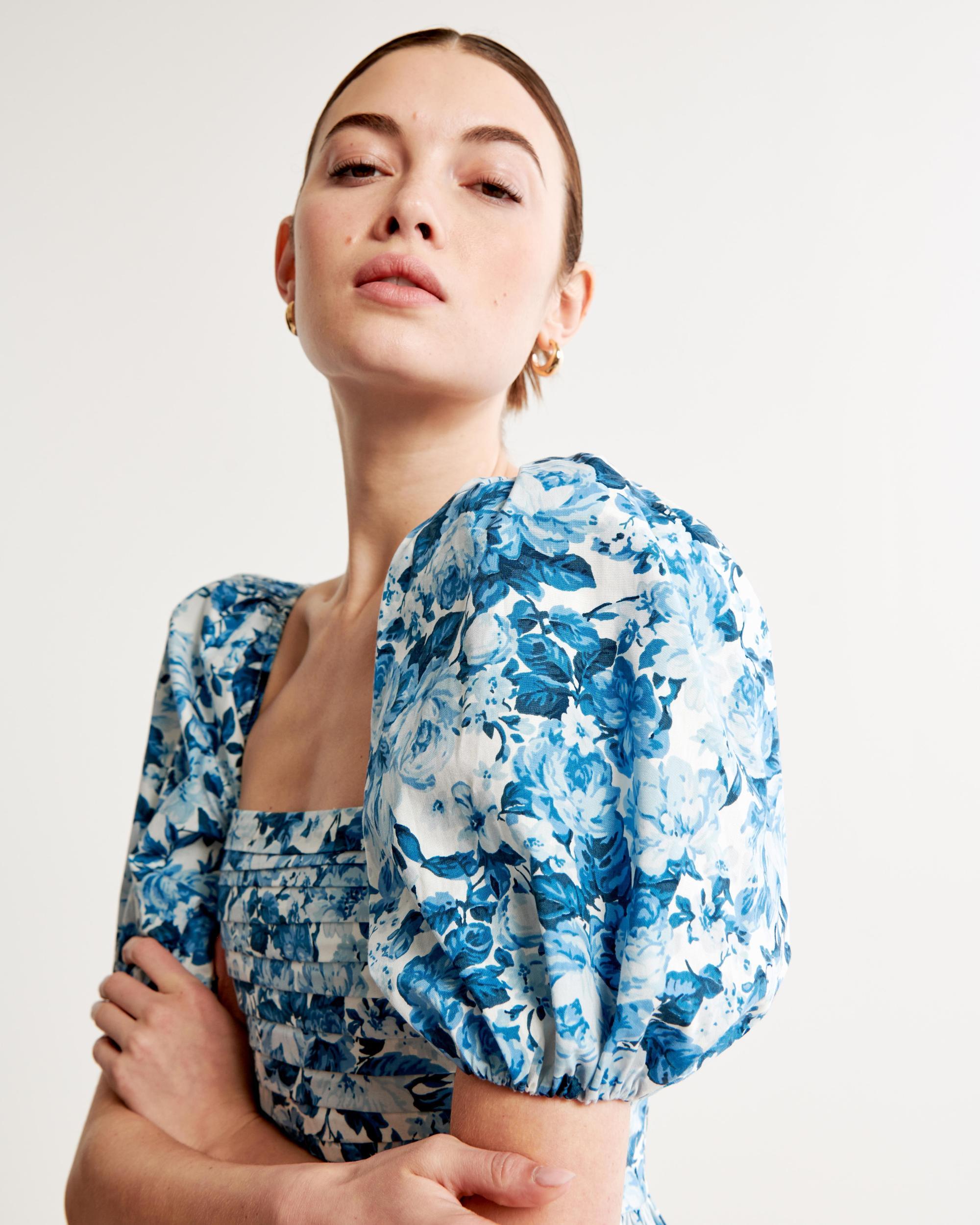 The A&F Emerson Poplin Puff Sleeve Midi Dress Product Image