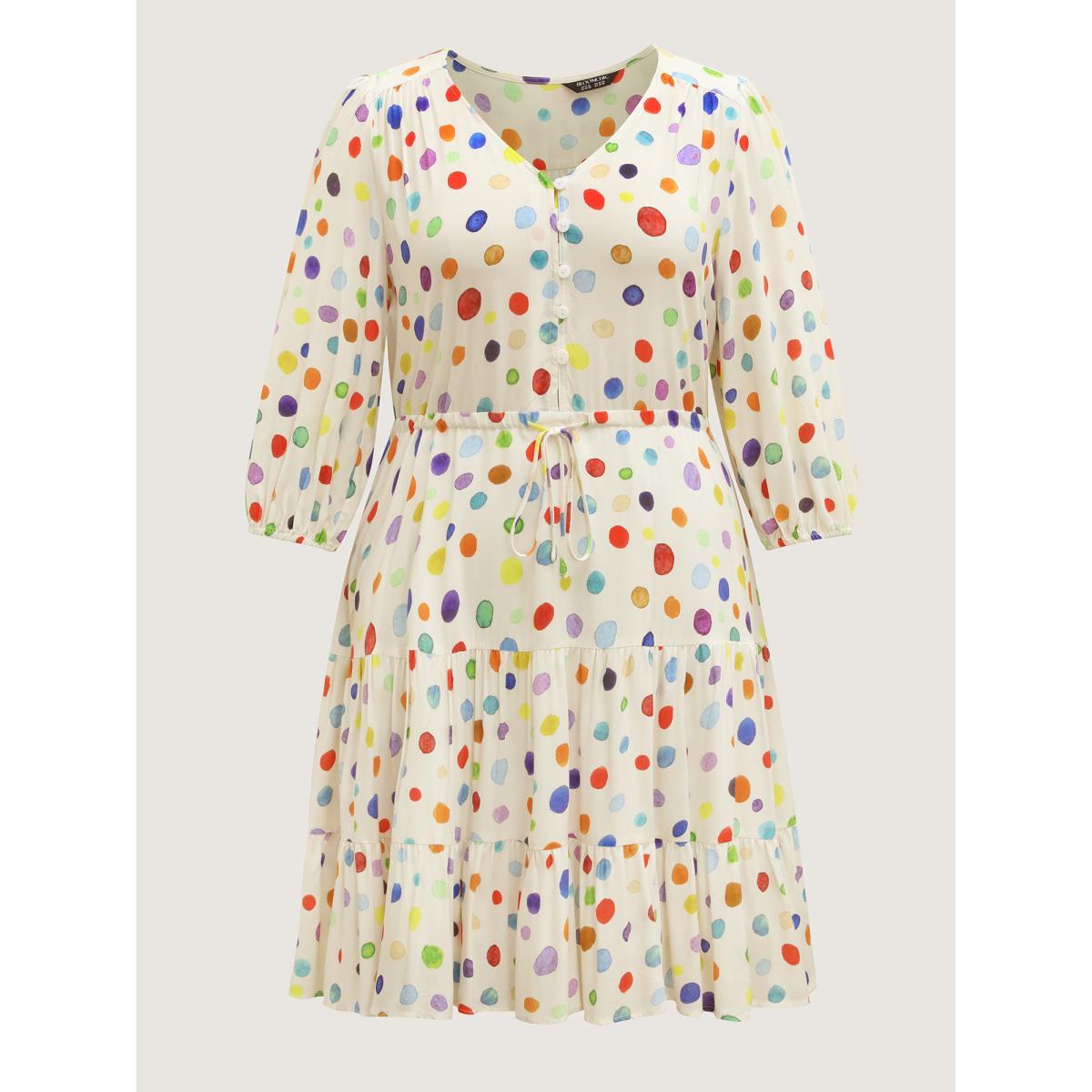 Plus Size Colorful Polka Dots Waist Drawstring Midi Dress Beige Women V-neck Elbow-length sleeve Curvy BloomChic 12/L Product Image