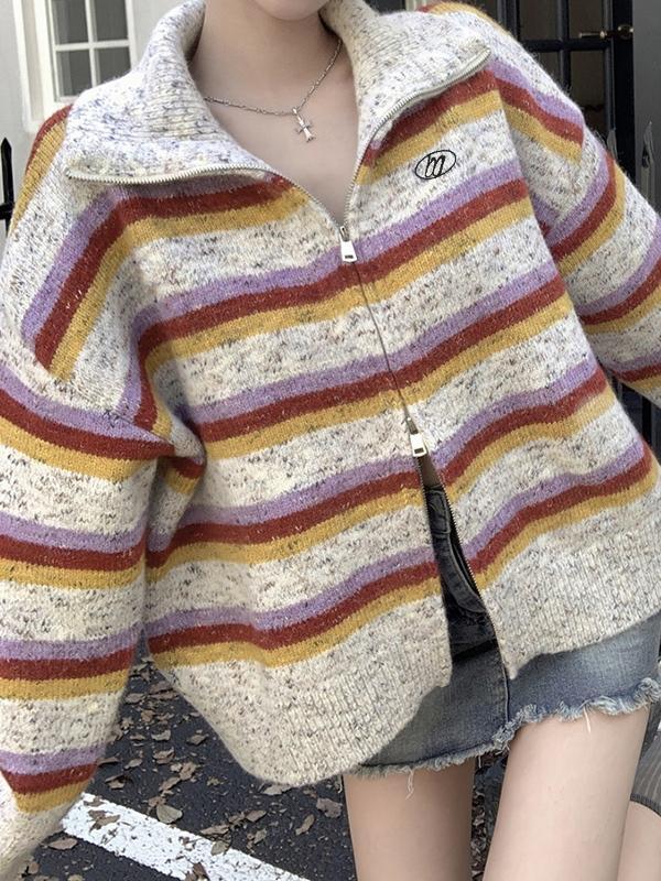Striped Double Zip Lapel Neck Knit Cardigan Product Image