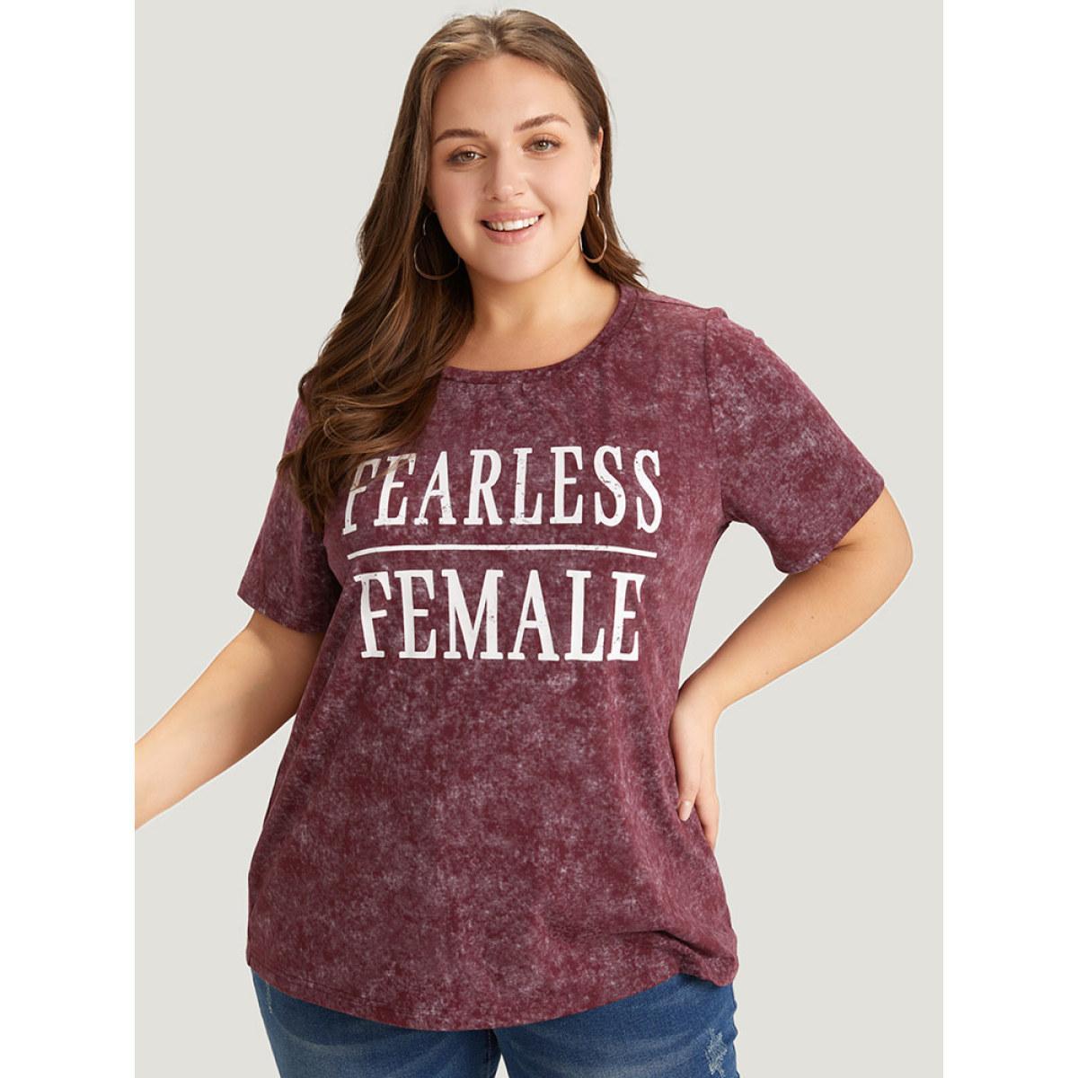 Plus Size Plain Letter Print Vintage T-shirt Burgundy Women Casual Printed Letter Dailywear T-shirts BloomChic 28/5X Product Image