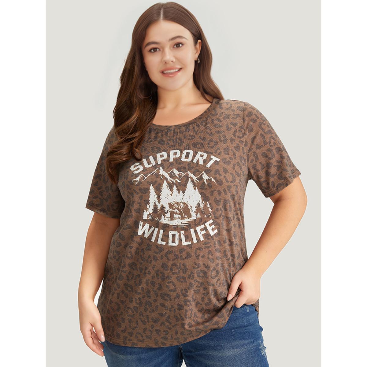 Plus Size Leopard Graphic & Letter Print Crew Neck T-shirt Multicolor Women Casual Landscape Dailywear T-shirts BloomChic 12/L Product Image