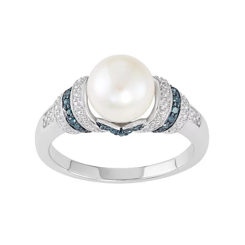 Freshwater Cultured Pearl & Blue Diamond Accent Sterling Silver Striped Ring, Women's, Size: 8 Product Image