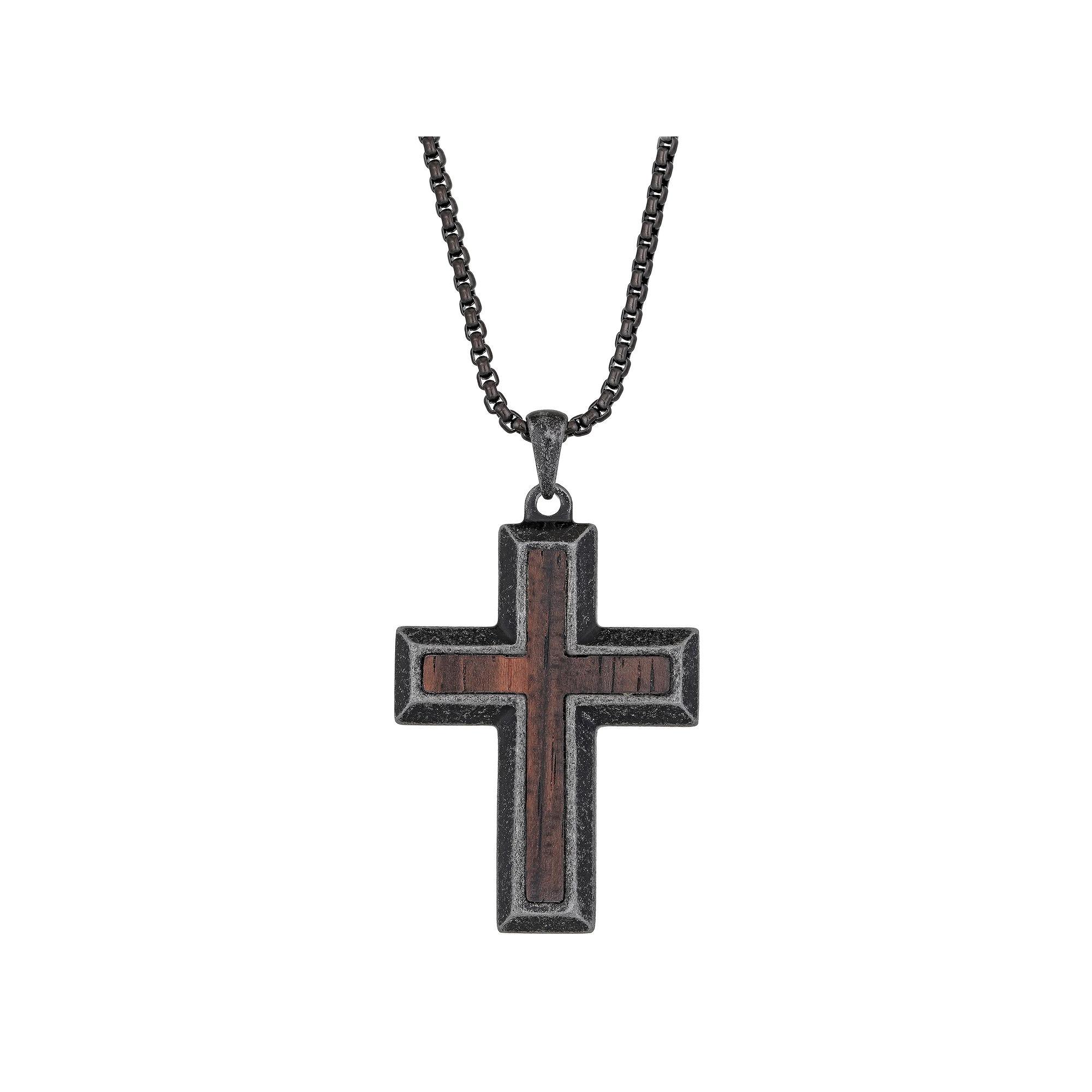 Men's LYNX Wooden Inlay Stainless Steel Cross Pendant Necklace, Size: 24" Product Image