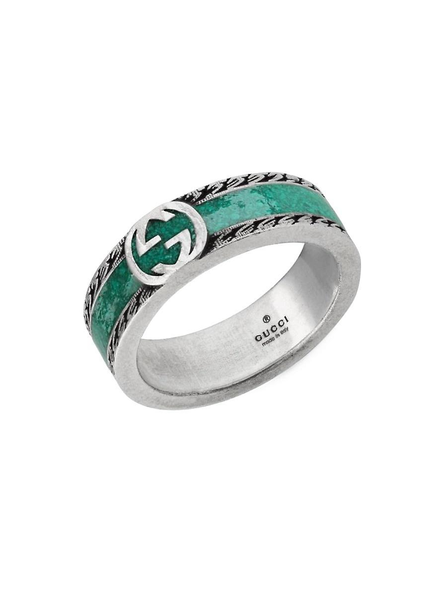 Mens Interlocking G Silver & Enamel Band Ring Product Image