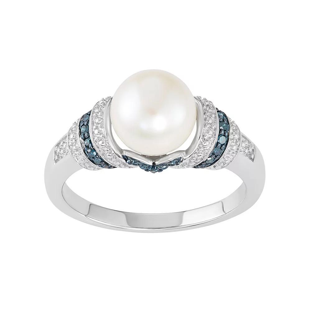 Freshwater Cultured Pearl & Blue Diamond Accent Sterling Silver Striped Ring, Women's, Size: 8 Product Image