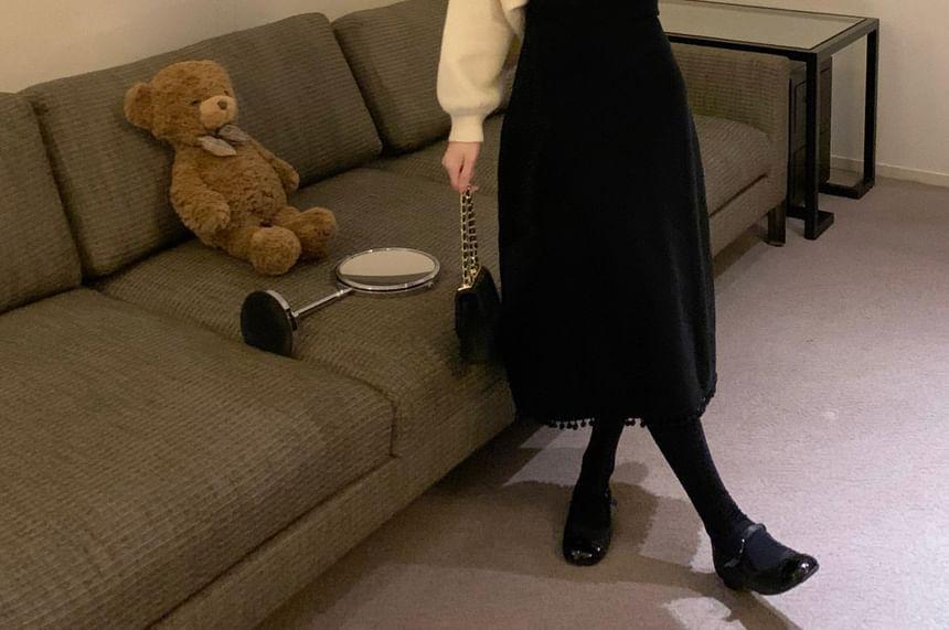 V-Neck Two Tone Crop Frog Button Cardigan / Sleeveless Square Neck Plain Midi A-Line Dress Product Image