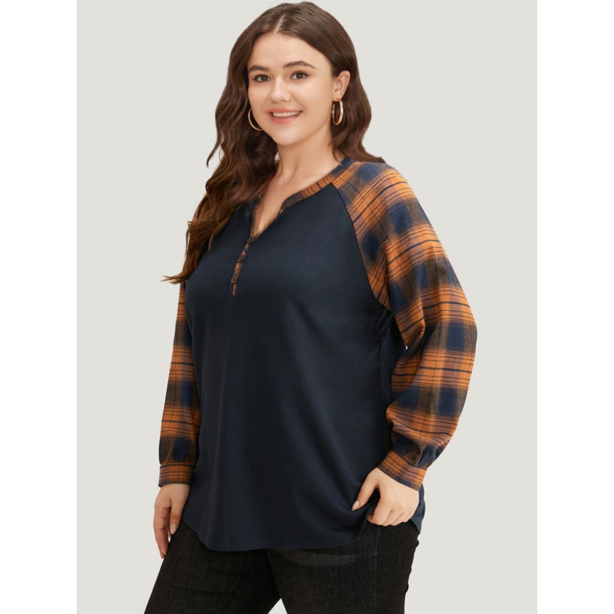 Plus Size Plaid Patchwork Notched Button Detail Sweatshirt Women Chocolate Casual Patchwork Notched collar Everyday Sweatshirts BloomChic 10/M Product Image
