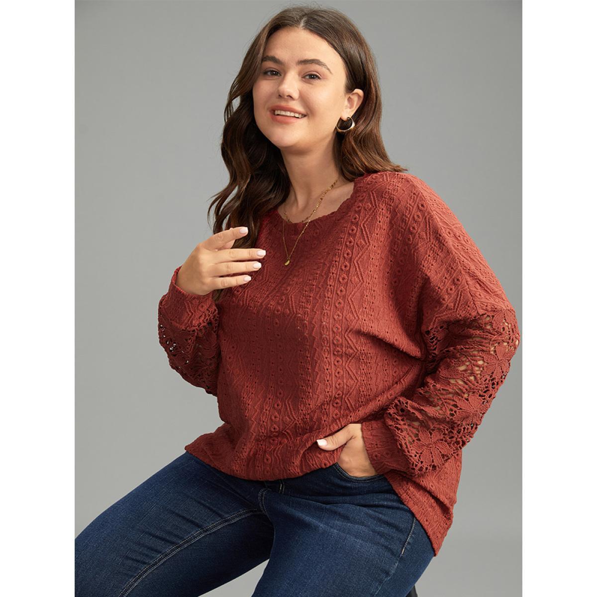 Plus Size Solid Plisse Guipure Lace T-shirt Rust Women Elegant Elastic cuffs Plain Round Neck Dailywear T-shirts BloomChic 12/L Product Image