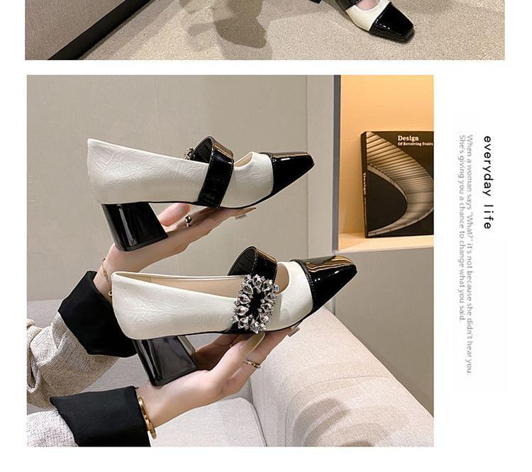 Chunky Heel Cap Toe Rhinestone Accent Faux Leather Mary Jane Pumps Product Image