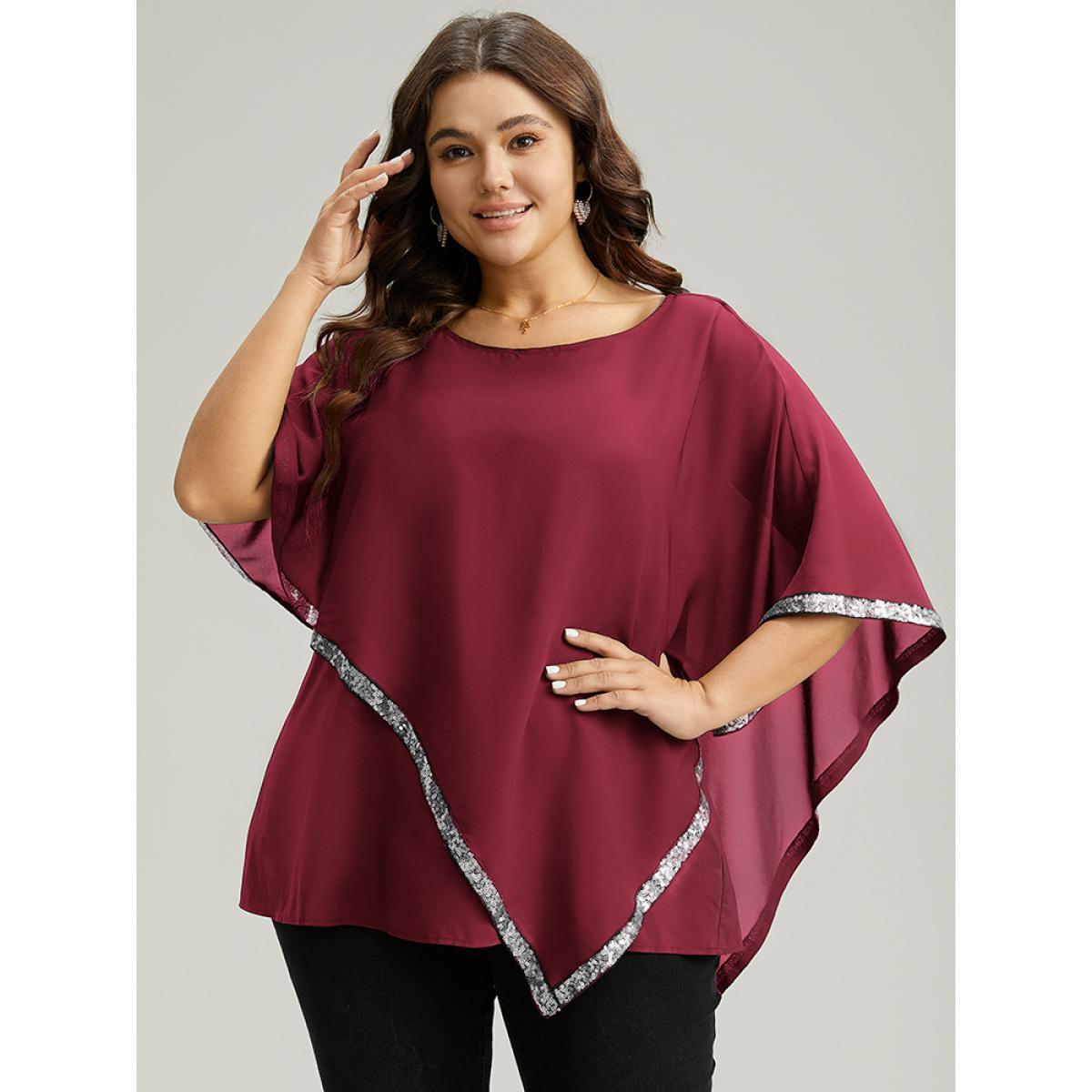 Plus Size Scarlet Sequin Patchwork Asymmetrical Dolman Sleeve Blouse Women Glamour Half Sleeve Round Neck Festival-Christmas Blouses BloomChic 18-20/2X Product Image
