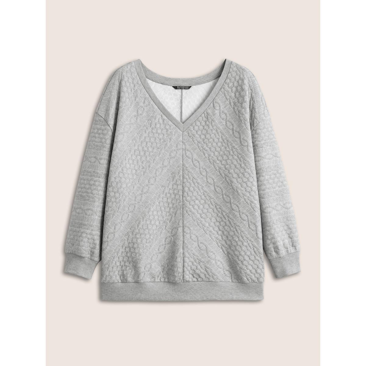 Plus Size Solid Plisse V Neck Drop Shoulder Sweatshirt Women Gray Casual Texture V-neck Everyday Sweatshirts BloomChic 28/5X Product Image