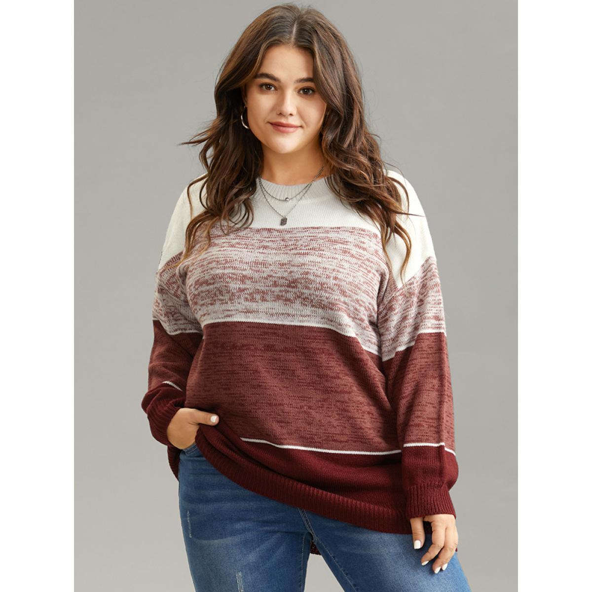 Plus Size Heather Colorblock Contrast Knit Pullover Russet Women Casual Loose Long Sleeve Round Neck Dailywear Pullovers BloomChic 26/4X Product Image