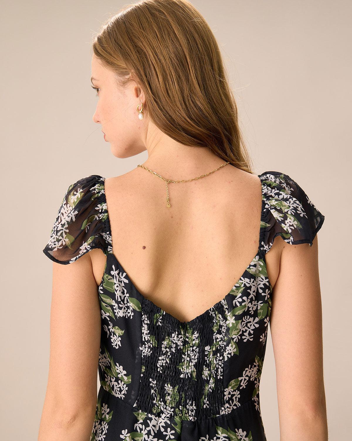 Women's Black Floral Shirred Midi Dress Female Product Image