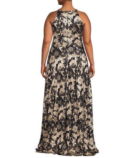 Betsy & Adam Plus Size Metallic Crinkle Sleeveless Halter Neck Foil Floral Print A-Line Gown Product Image