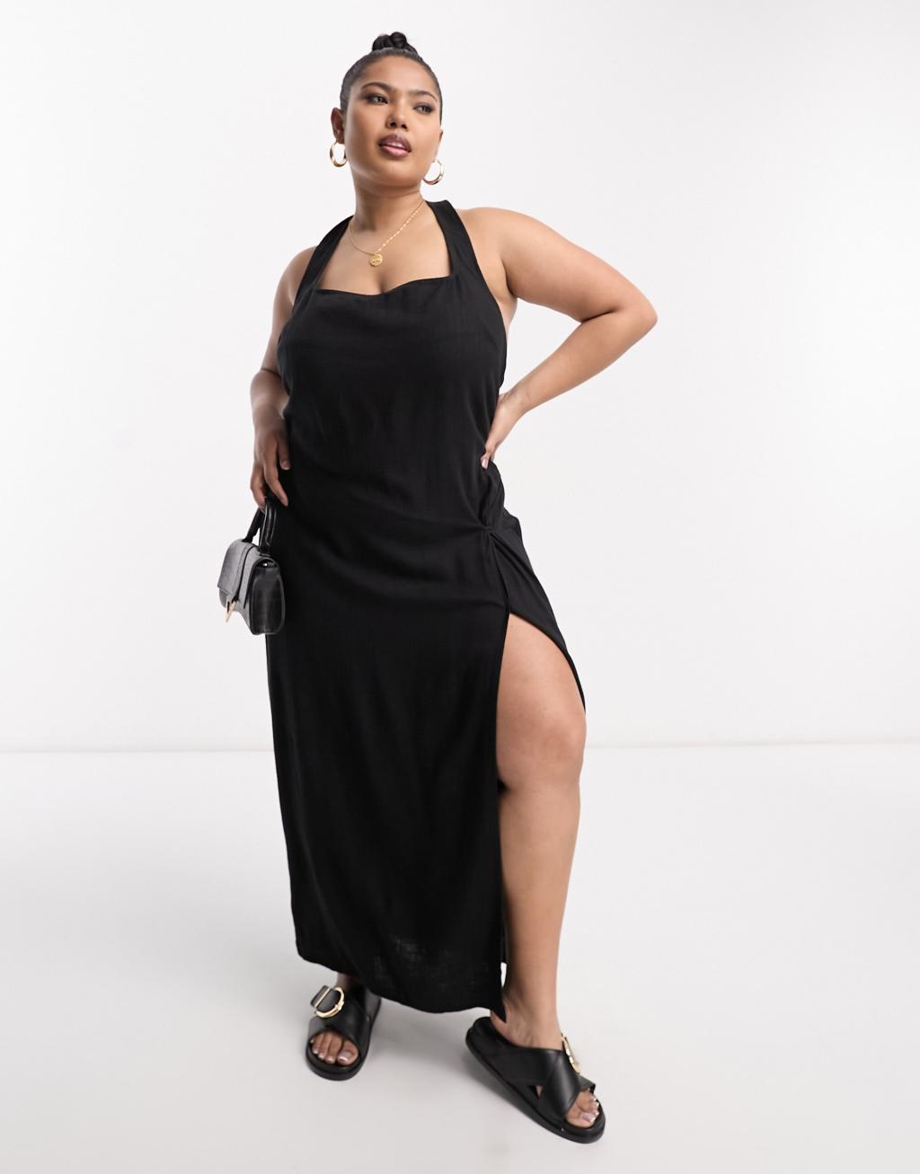 ASOS DESIGN Curve linen scoop halter maxi sundress with knot detail in black Product Image