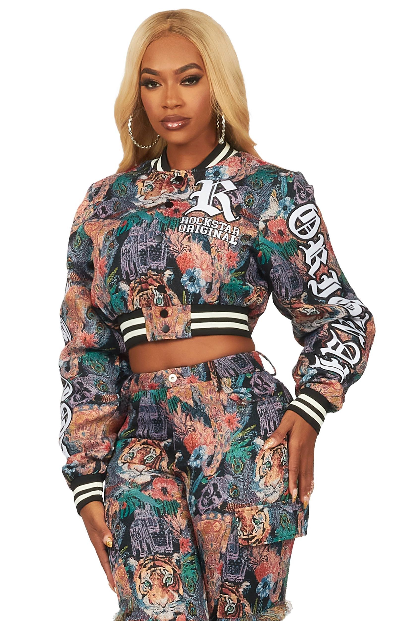 Rena Black Crop Tapestry Varsity Jacket Female Product Image