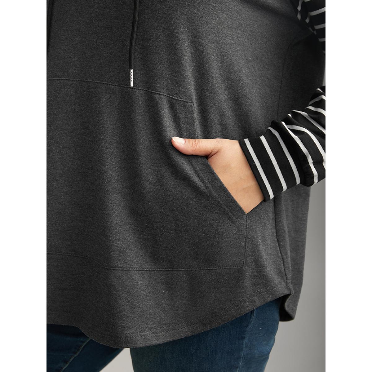 Plus Size Striped Patchwork Hooded Pocket Drawstring Sweatshirt Women DimGray Casual Contrast Hooded Everyday Sweatshirts BloomChic 10/M Product Image
