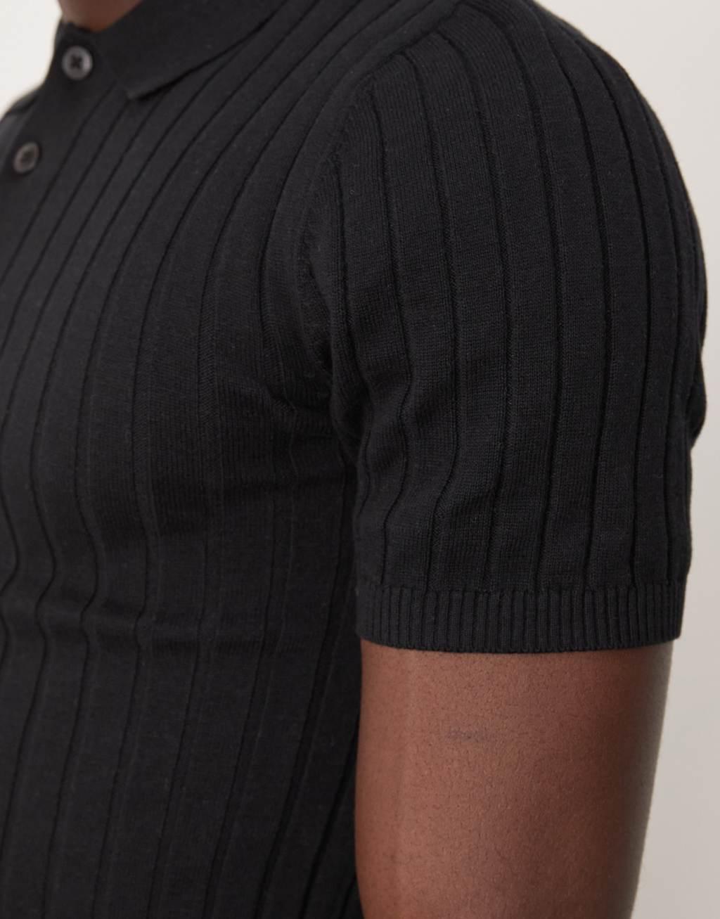 ASOS DESIGN knitted muscle fit rib polo t-shirt in black Product Image