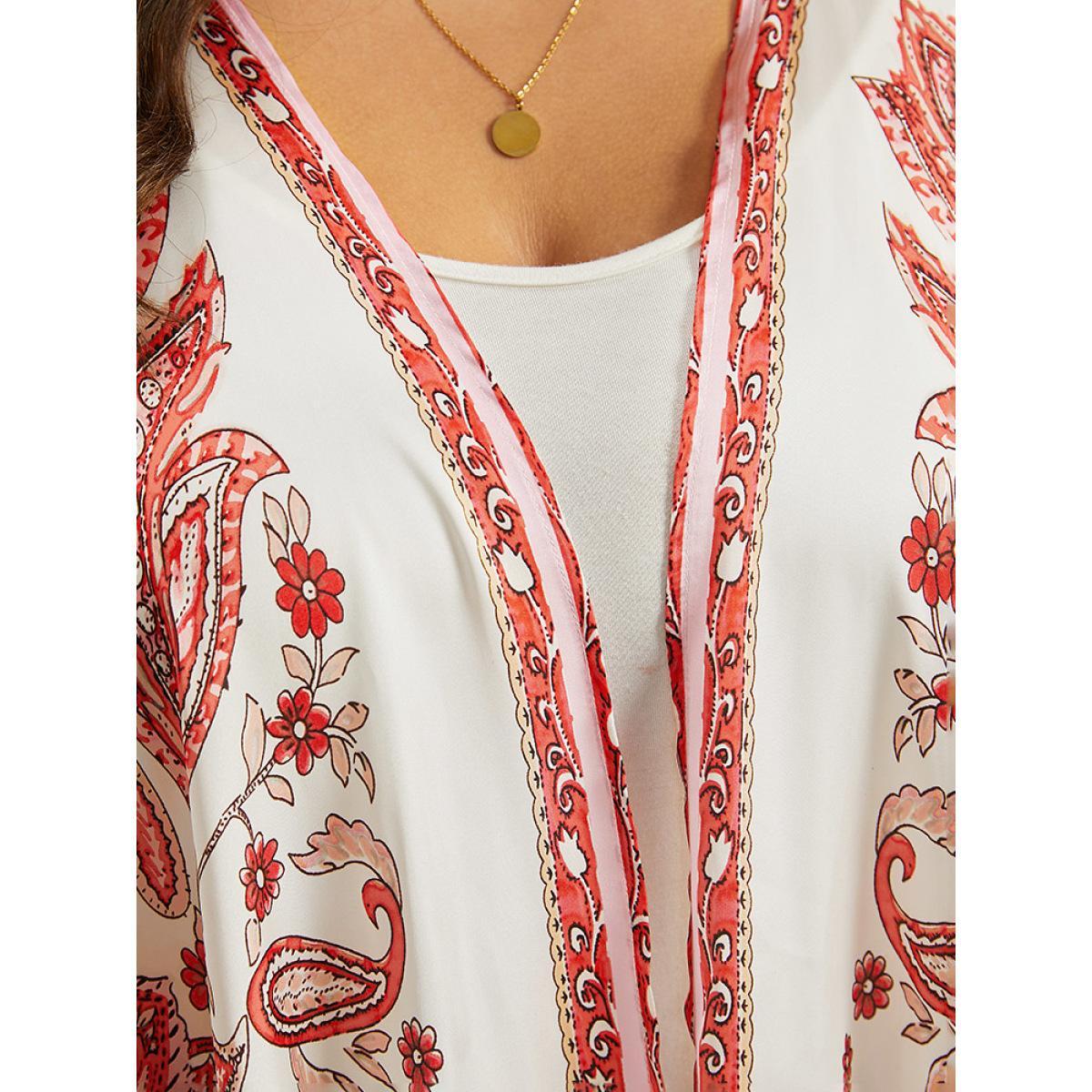 Plus Size Paisley Print Asymmetrical Hem Drape Kimono Women Brown Casual Drape Loose Dailywear Kimonos BloomChic 14-16/1X Product Image
