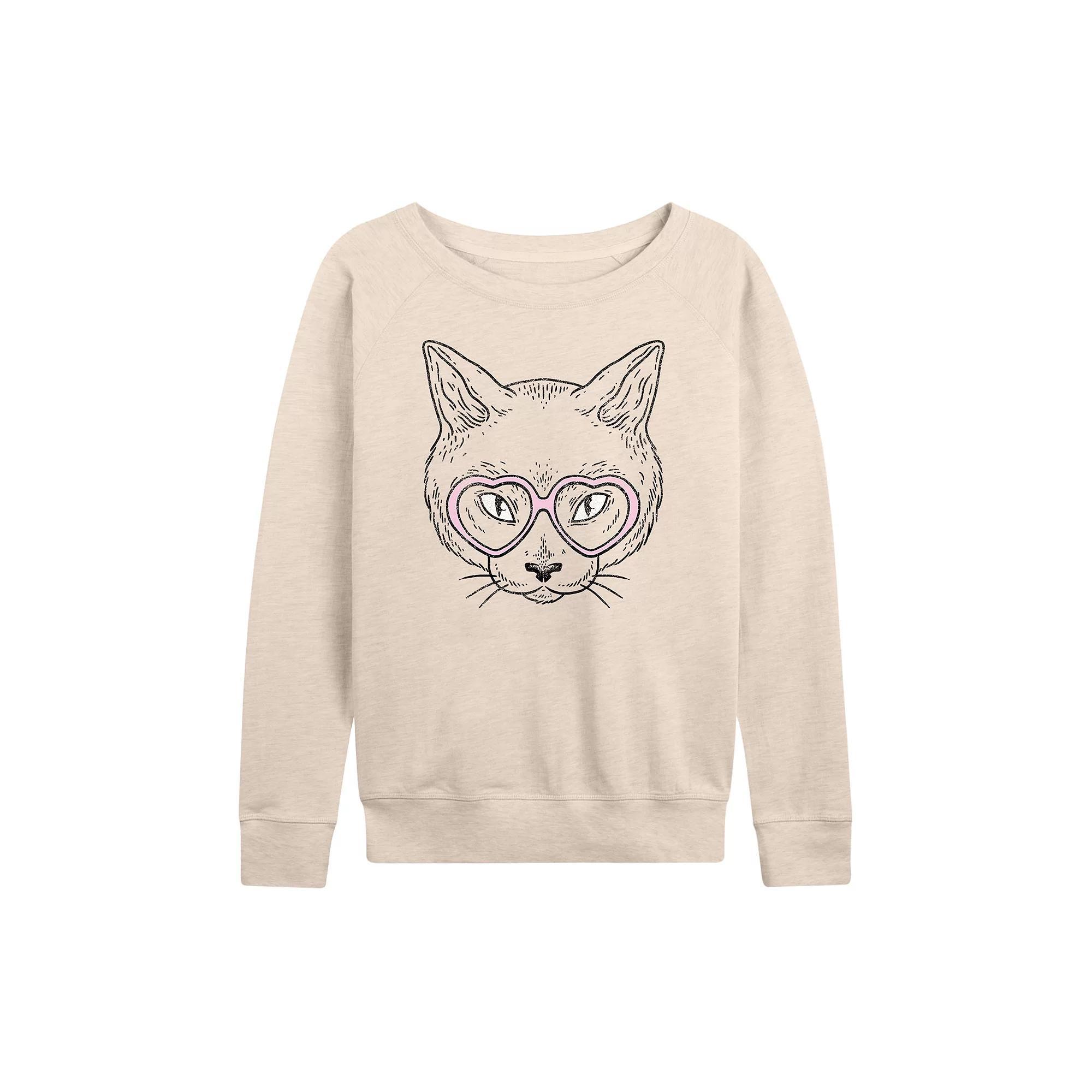 Womens Cat Heart Glasses French Terry Long Sleeve Tee Product Image