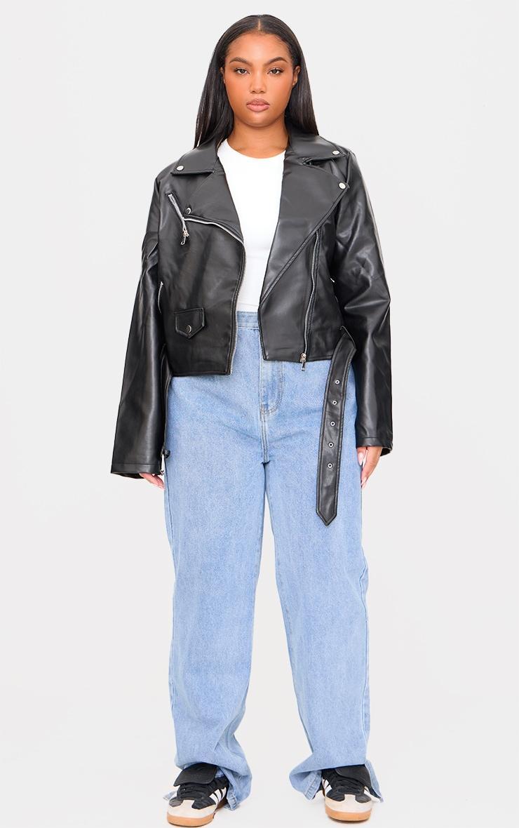 Plus Black Faux Leather Zip Detail Biker Jacket Product Image