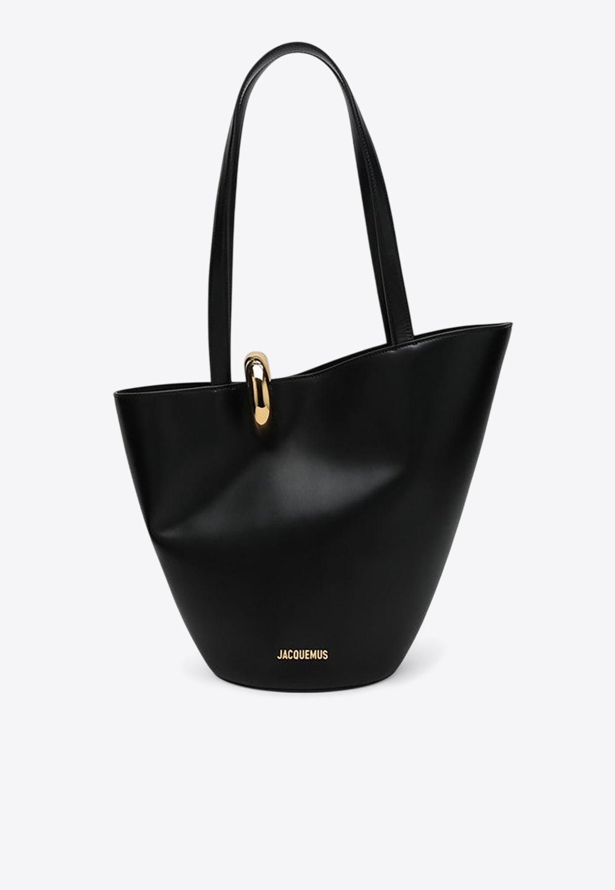 JACQUEMUS The Medium Bambola Asymmetric Leather Bucket Bag In Black 990 Product Image
