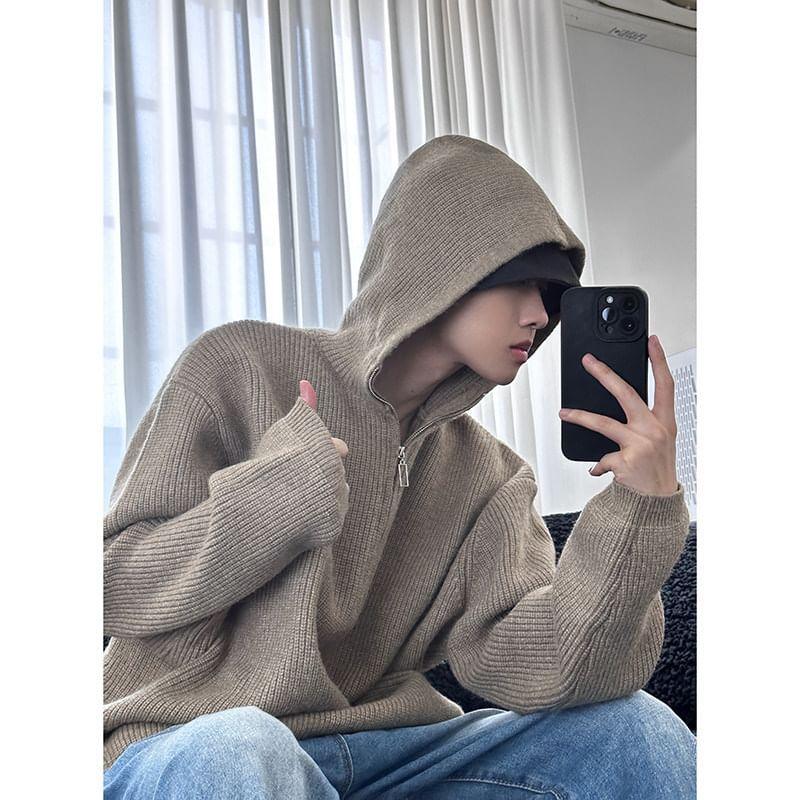 Half-Zip Plain Hooded Ribbed Sweater Product Image