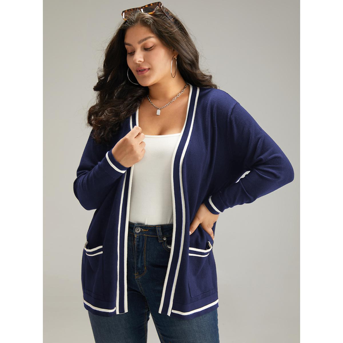Plus Size Supersoft Essentials Striped Patchwork Pocket Open Front Cardigan Indigo Women Casual Loose Long Sleeve Everyday Cardigans BloomChic 28/5X Product Image